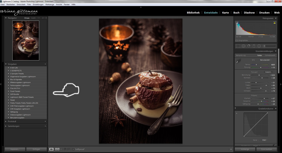 Auf der linken Seite, können Sie u.a. geladene Presets zur Anwendung bringen