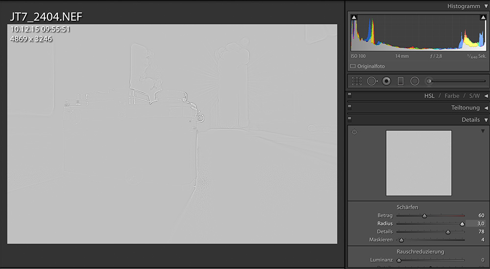 Lightroom: Ansicht des Bildes mit Alt-Taste und Radius-Regler