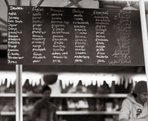Stand auf dem Münchener Viktualienmarkt (Sekor 90 mm, auf Kodak T-Max 400)